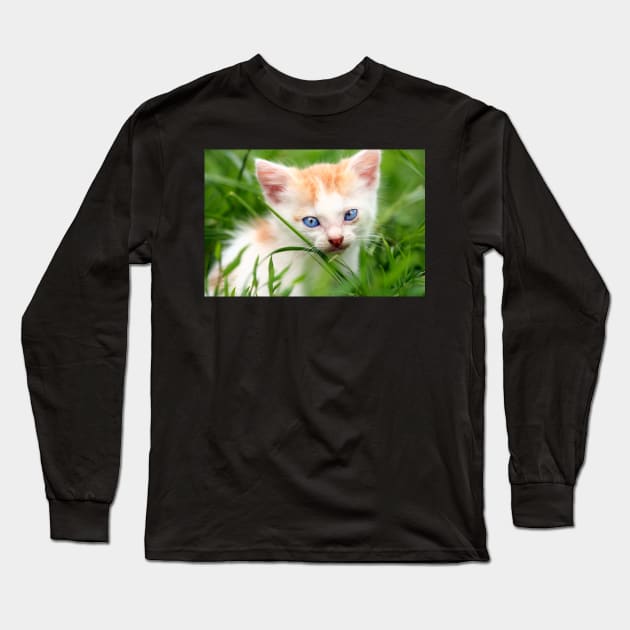 Adorable kitty in grass Long Sleeve T-Shirt by naturalis